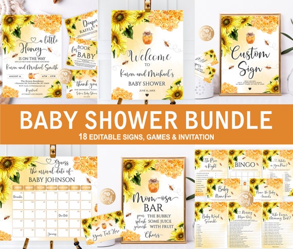 Editable Bee Honey Boy Baby Shower Bundle, Baby Shower Bundle, Bee - Main Image