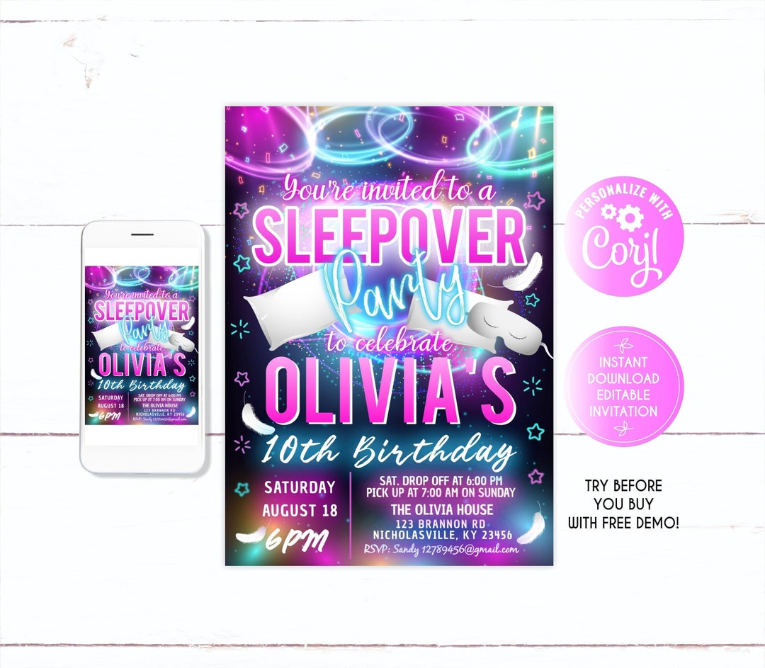 Sleepover Invitation, Pajama Party Printable Editable, Sleepover ...