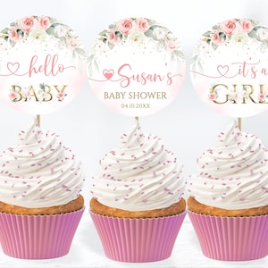Editable Cupcake Girl Blush Pink Rose Baby Shower Circle Floral Roses Cupcake Topper Baby Shower Spring Summer Cupcake Topper Watercolor