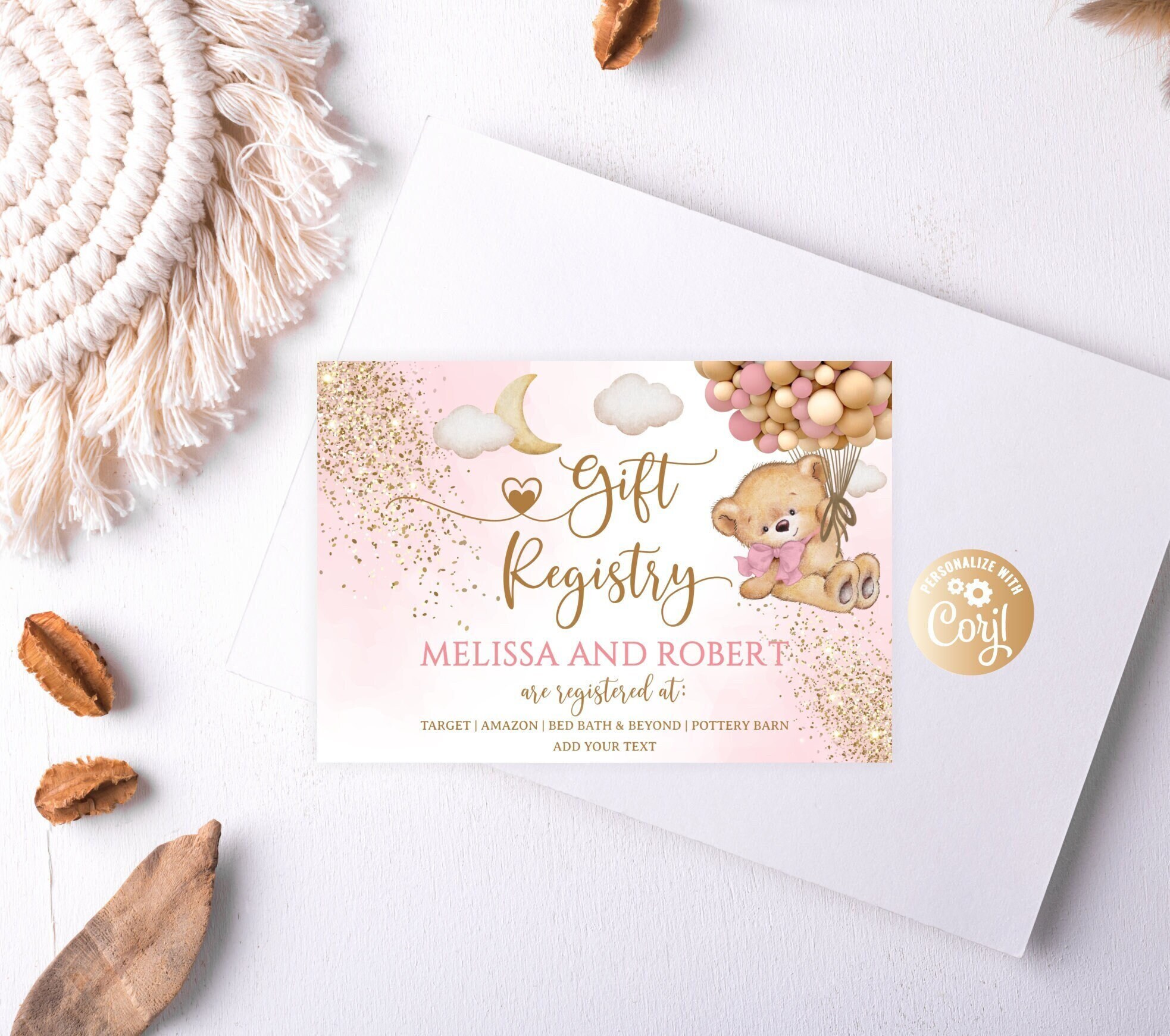 Editable Girl Pink Bear Gift Registry Card, Printable Hot Air Balloon Baby Shower Gift Registry Card Gold Girl Bear Balloons Gift Registry