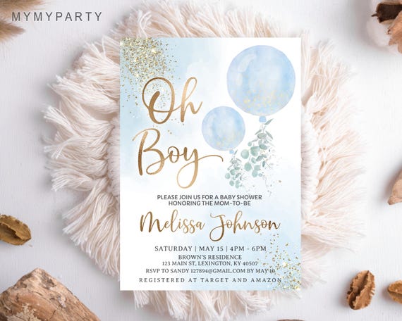 Editable Oh Boy Baby Shower Invitation, Blue Balloon Theme, Watercolor Gold Glitter Template, Printable Invitation Mobile