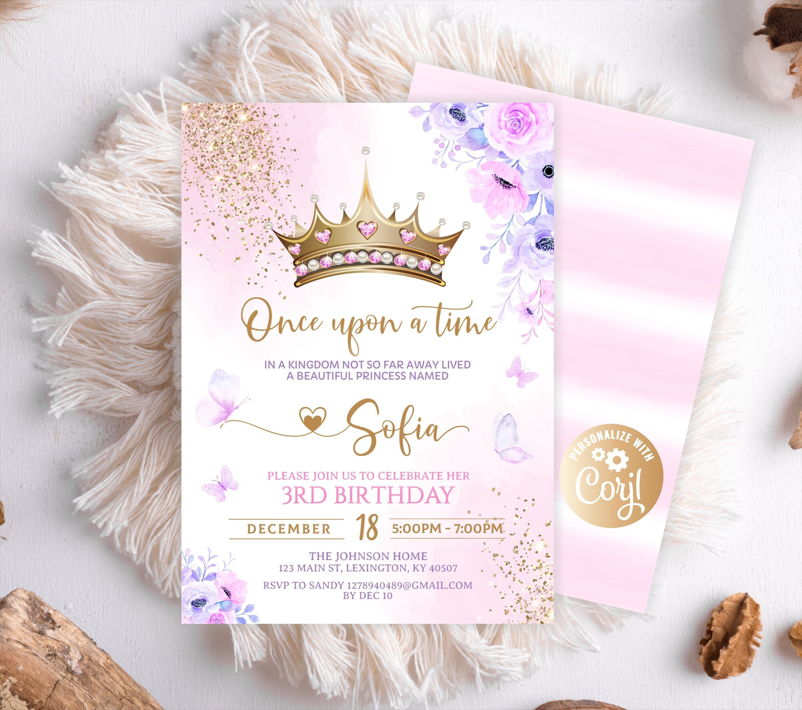 Royal Princess Birthday Invitation Scroll, Royal Crown and Gold and Pink  Accents, Pink Parchment Paper, Set of 10 