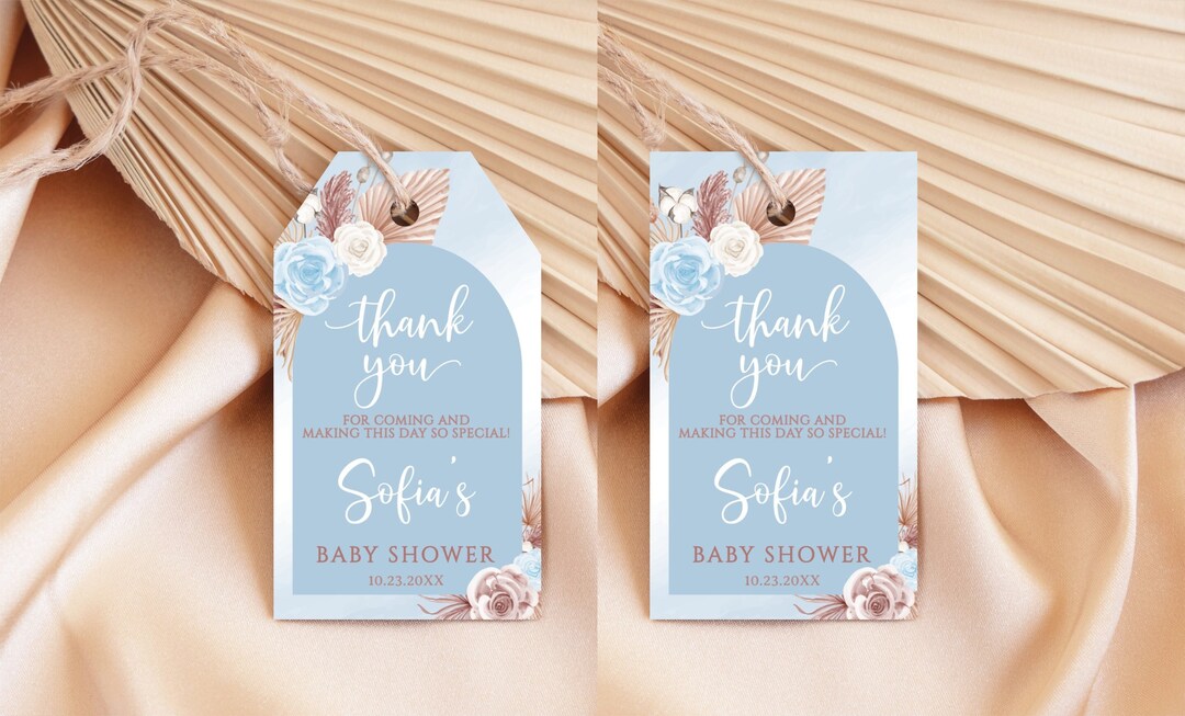 Editable Boho Blue Roses Boy Thank You Tags, Pampas Grass Baby Shower ...