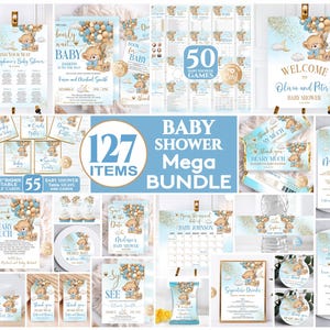 Editable Bear Blue Baby Shower Mega Bundle, Baby Shower Bundle Boy, Bear Blue Gold Baby Shower Invitation Boy Mega Set, Bear with Balloons