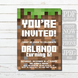 May include: Minecraft-themed birthday party invitation with a green and brown pixelated background. The text reads "You're Invited!" and "Creep on over to celebrate Orlando turning 6!"  The invitation includes the date, time, and location of the party.  RSVP information is also included.