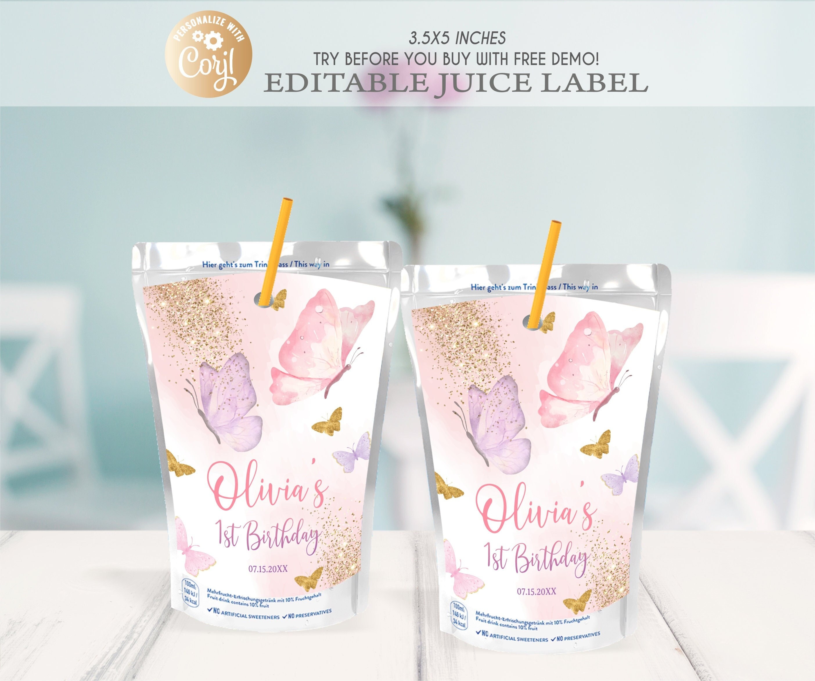 Pink Butterfly Label EDITABLE Butterfly Juice Labels Birthday, Butterfly Water Juice Cup ...