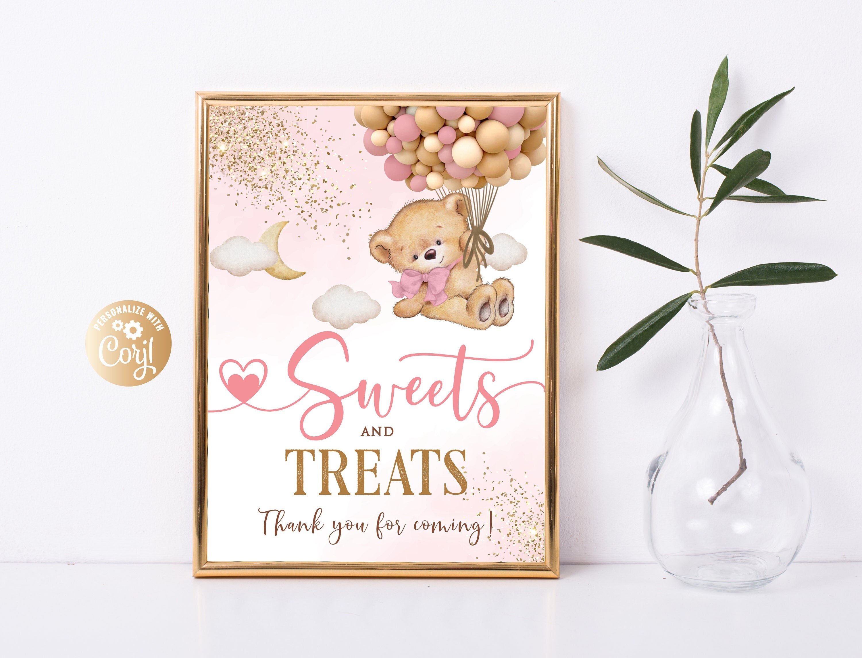Editable Sweets And Treats Bear Pink Sign, Bear Girl Birthday Decor, Bear Gold Sweets And Treats, Bear Sweets Table Cake, Bear Candy Table