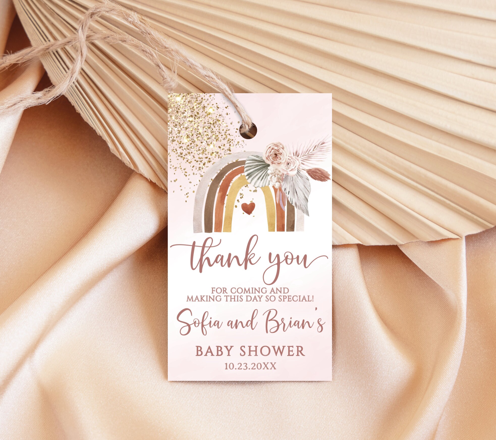Editable Boho Rainbow Thank You Tags, Pampas Grass Baby Shower Favor ...
