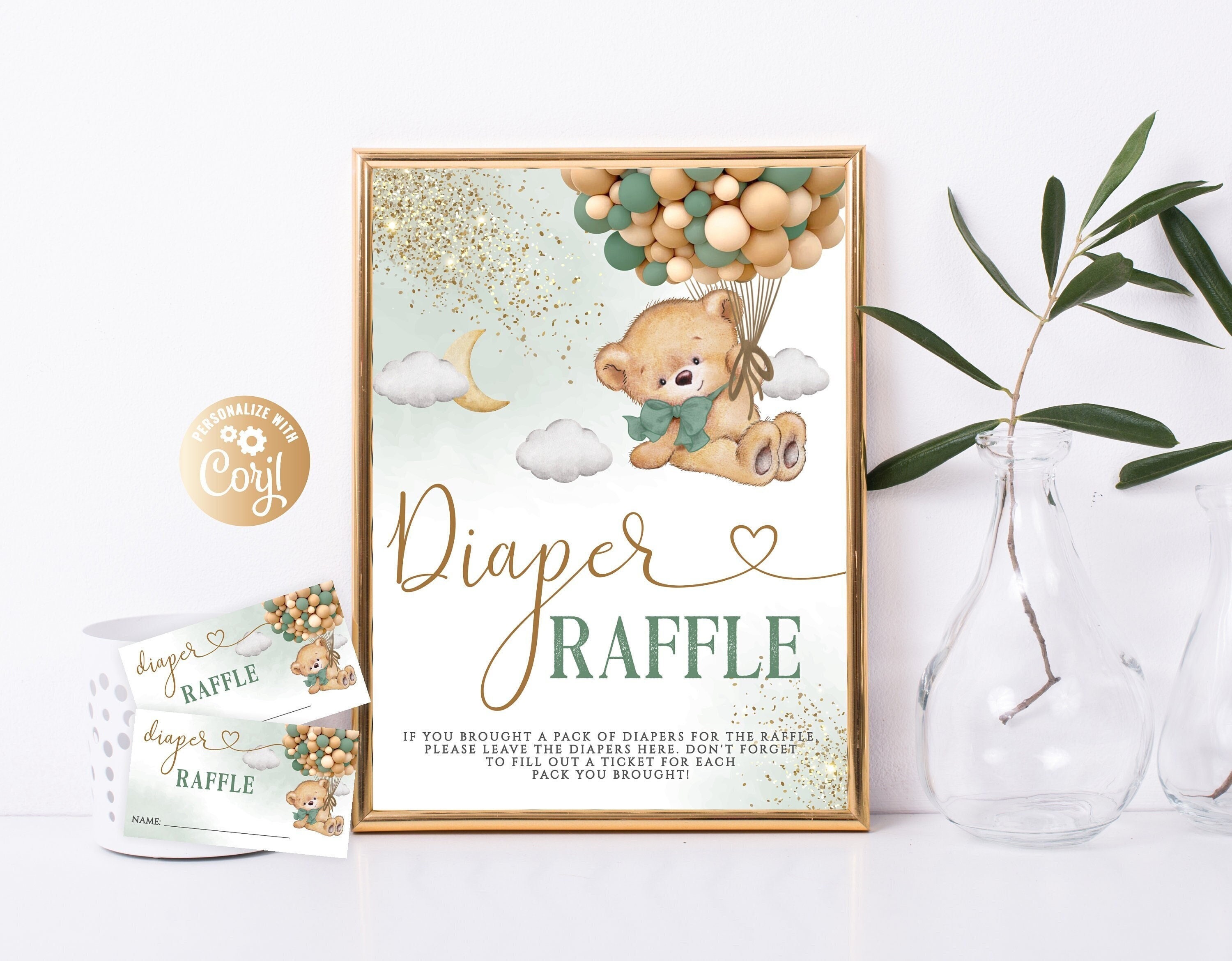 Signe modifiable de tombola de couches-culottes ours, décoration tombola de couches-culottes ours, tombola de couches-culottes ours, vert ours, imprim