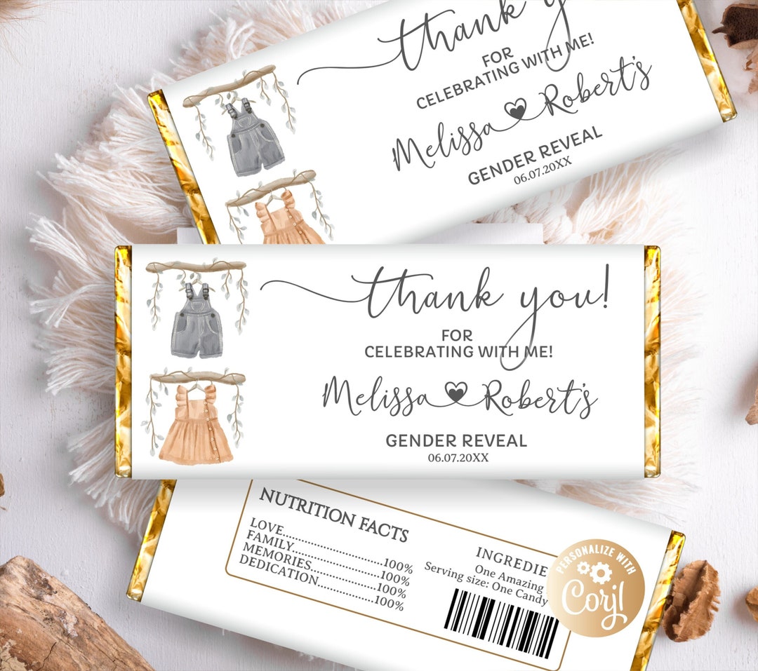 Editable Gender Reveal Baby Clothes Watercolor Chocolate Wrapper ...