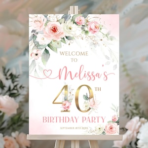 Editable Rose Welcome 40th Birthday Sign Pink Gold Roses Floral Blush Birthday Party 50th 30th 60th 70th 80th 90 Welcome Poster Her Glitter