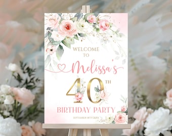 Editable Rose Gold Welcome Birthday Sign Blush Pink Floral Poster 40th 30th 50th Party Decoration Printable Template Instant Download