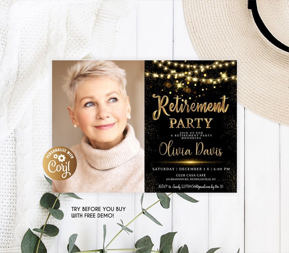 Retirement Party Invitation With Photo, Retirement Dinner With Photo, Elegant Black White Gold Sparkle Glitter With Photo, It's a Surprise