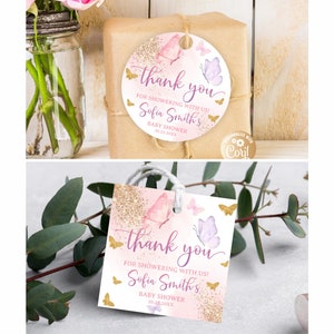 Editable Mariposa Baby Shower Favorece Etiquetas Círculo, Mariposa Baby Shower Favorece Etiquetas Mariposa Oro Rosa Gracias Etiquetas de Regalo Lavanda Púrpura