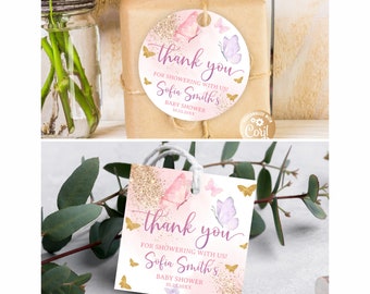 Editable Butterfly Baby Shower Favors Tags Circle, Butterfly Baby Shower Favors Tags Butterfly Pink Gold Thank You Gift Tags Purple Lavender