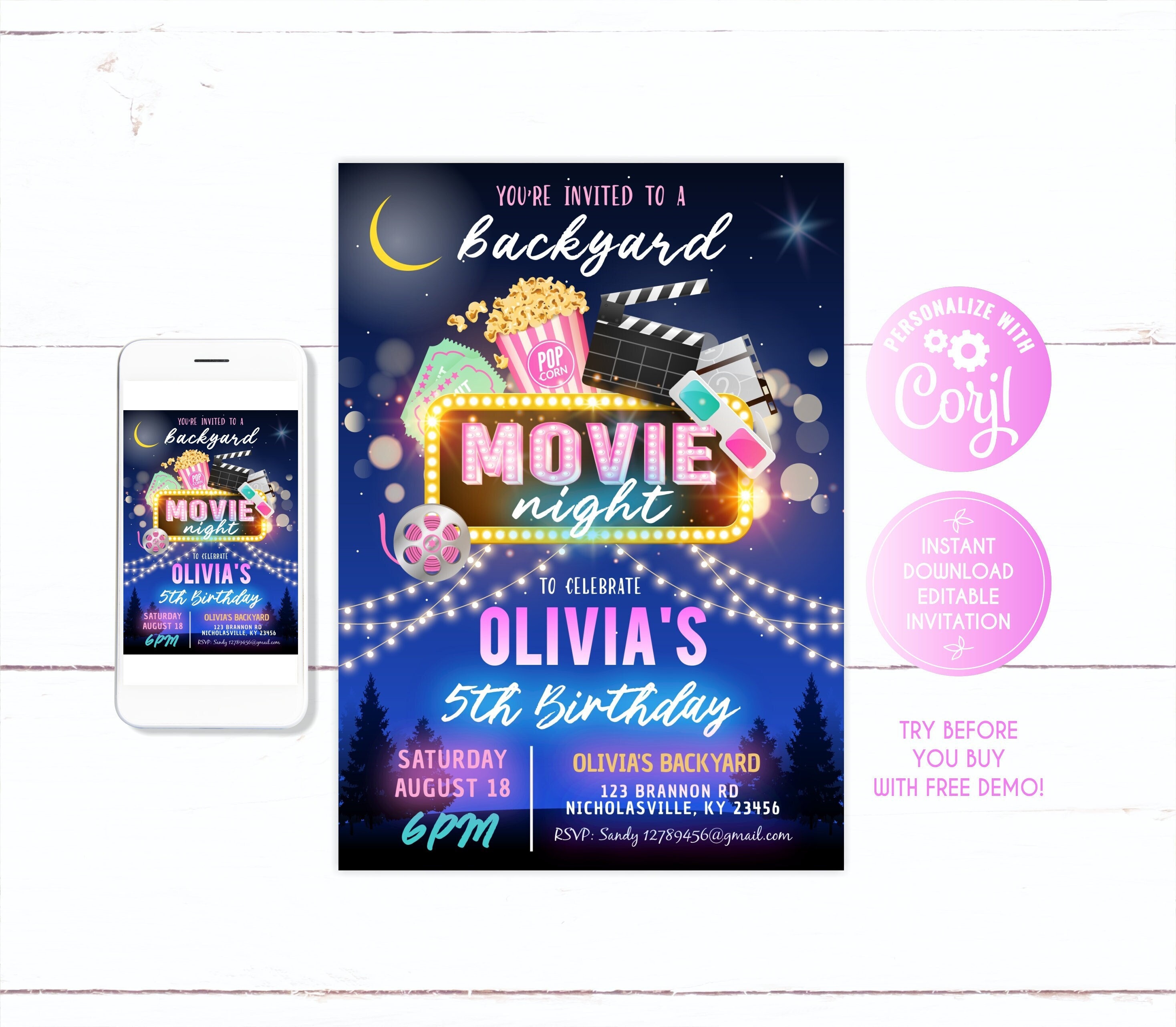 Movie Night Birthday invitation, for girl, pink, Movie Night Birthday Party invitation, Editable Movie Night Birthday, Backyard Movie Night