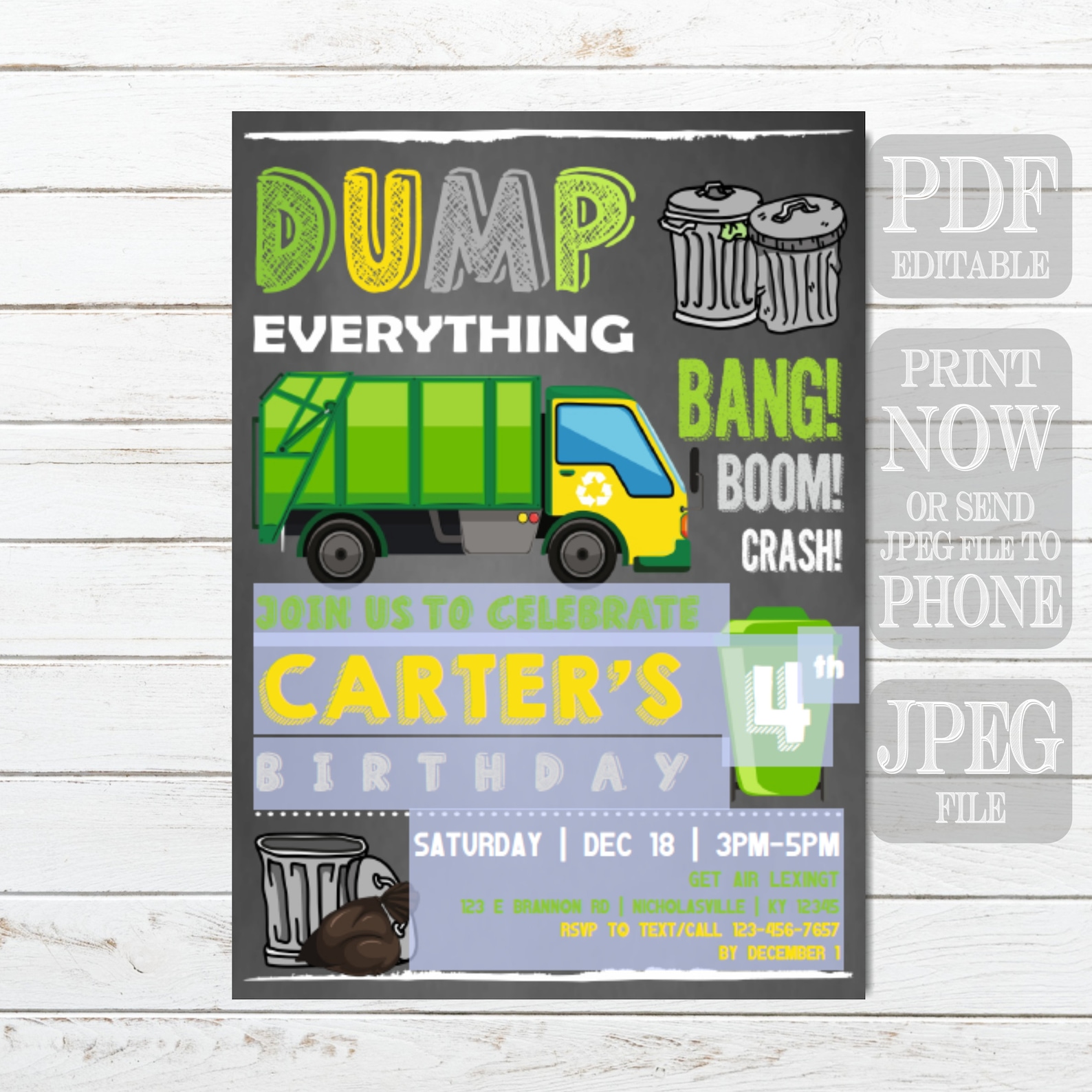Garbage Truck Birthday Invitation Garbage Truck Birthday Etsy