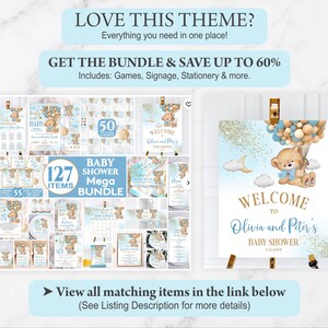 Overview of matching party stationery bundle items including a welcome sign, book request, and diaper raffle tickets.