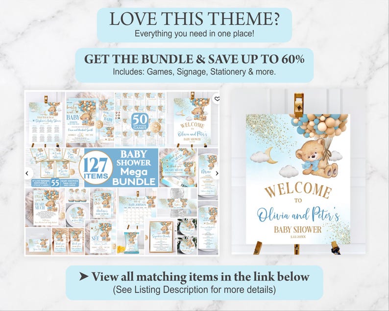 Overview of matching party stationery bundle items including a welcome sign, book request, and diaper raffle tickets.