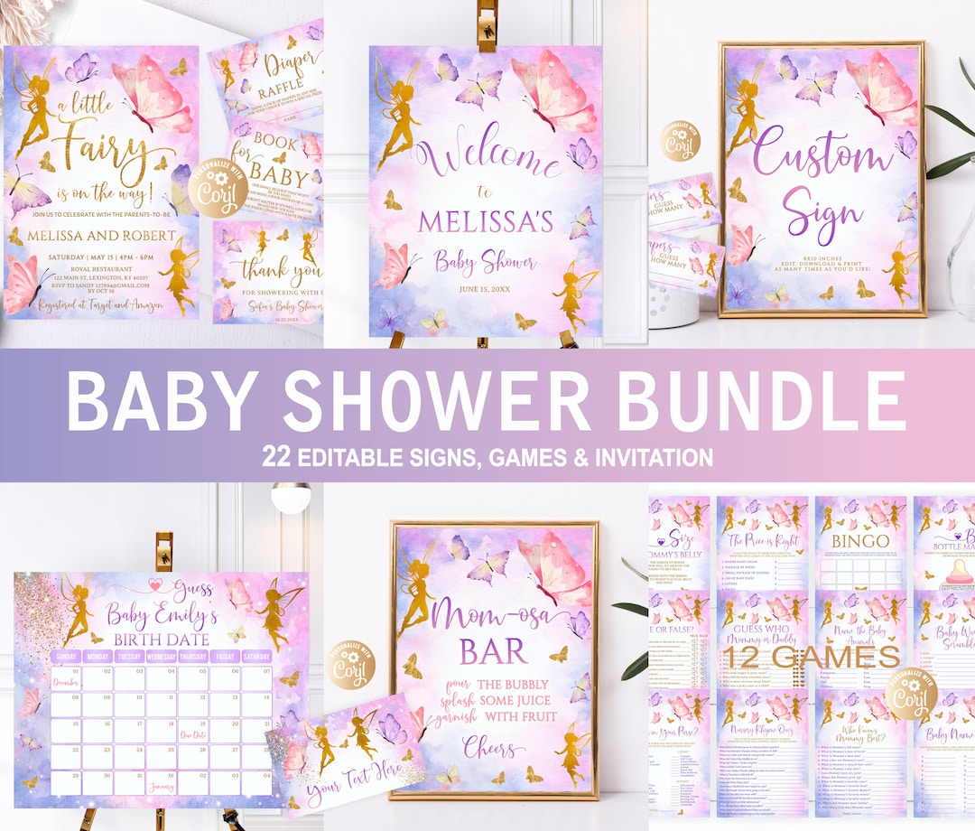 Editable Fairy Baby Shower Bundle Pink Watercolor Gold Glitter Magical Il 1080xN.5323610282 O4km