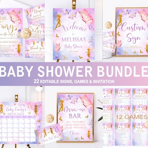 Editable Fairy Baby Shower Bundle Pink Watercolor Gold Glitter, Magical Fairies Baby Shower Set Invitation Girl Set Answers included Fairy