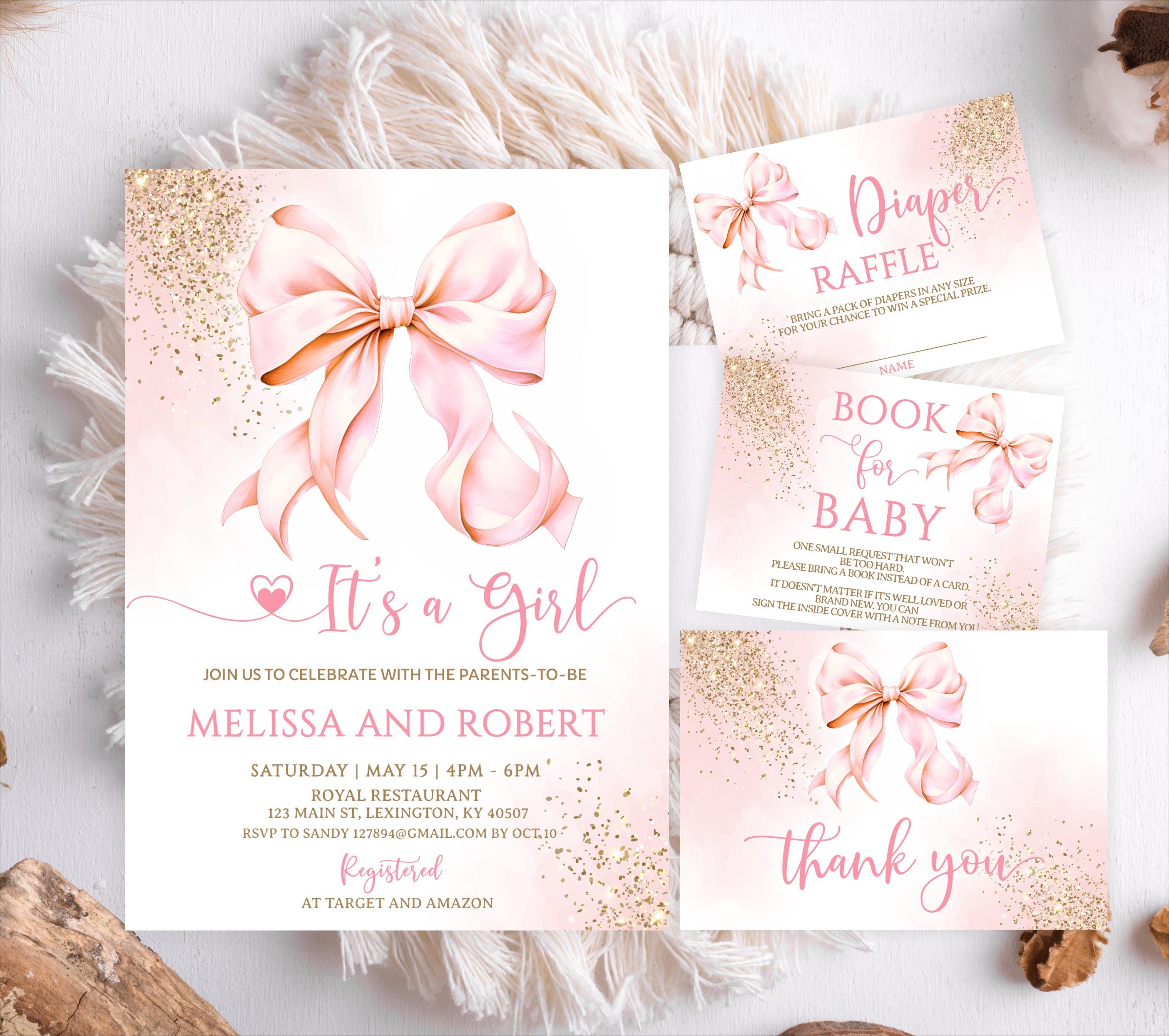 Editable Pink Bow Baby Shower Set Invitation Girl Bow Glitter Gold ...