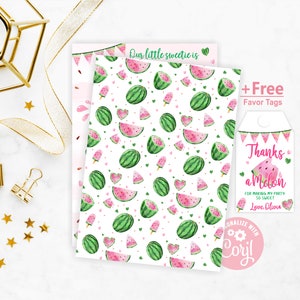 May include: Watermelon themed printable party favor tags with the text "Thanks a Melon" and "For making my party so sweet. Love, Olivia". The tags are pink and green with a watercolor watermelon design.
