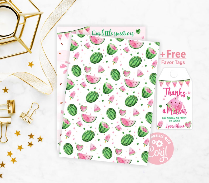 May include: Watermelon themed printable party favor tags with the text "Thanks a Melon" and "For making my party so sweet. Love, Olivia". The tags are pink and green with a watercolor watermelon design.