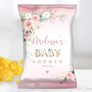 Editable Girl Blush Pink Rose Chip Bag Wrapper, Roses Floral Blush Chip Bag Shower Pink Roses Watercolor Chip Bag Label Summer Treats Favors