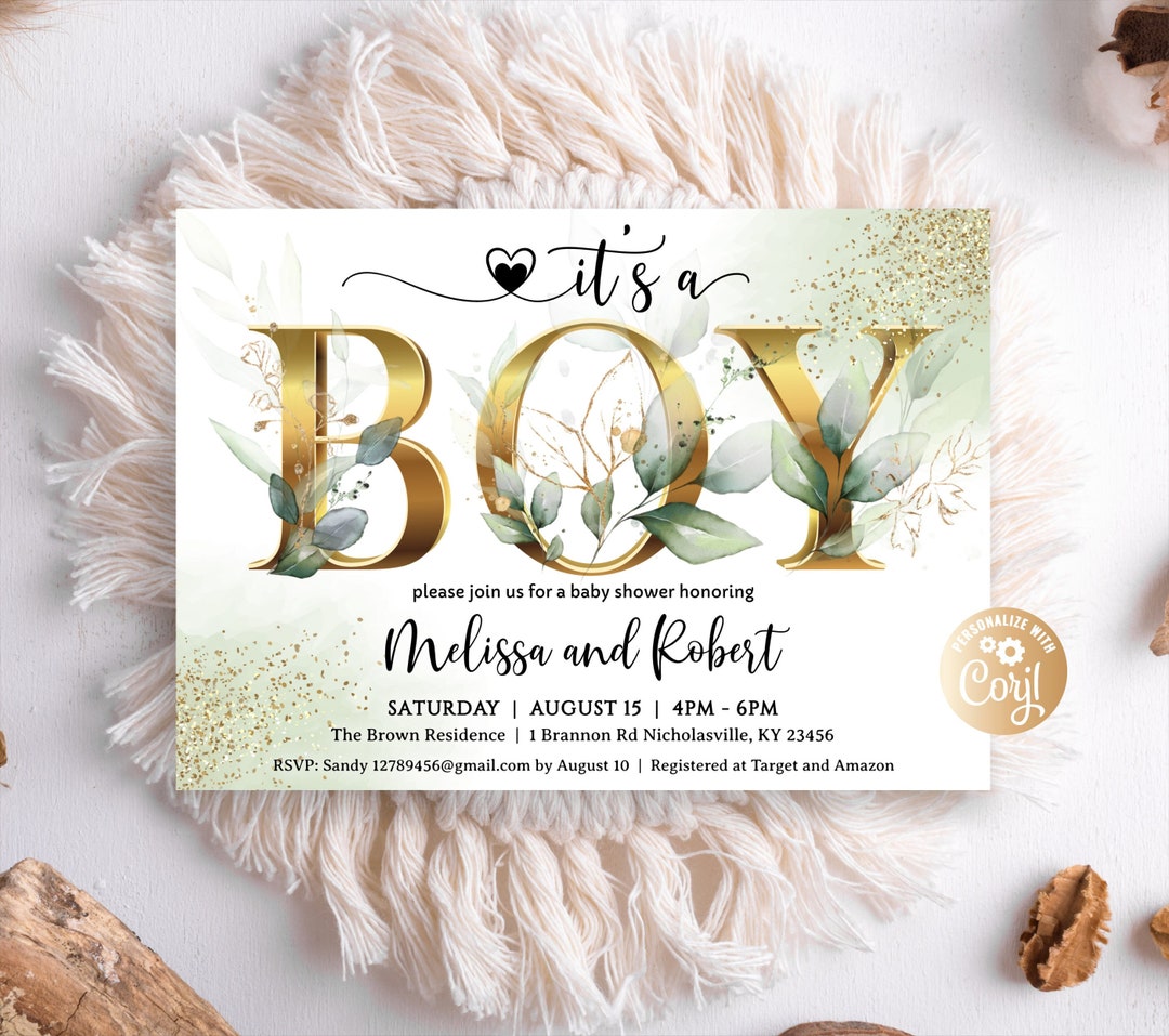 Editable Greenery Baby Shower, Gold Glitter, It's a Boy Baby Shower ...