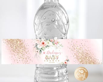 Könnte beinhalten: Rosa-goldenes Wasserflaschenetikett für eine Babyparty mit Blumenmuster und dem Text "Melissa's Baby Shower 05/07/20XX".