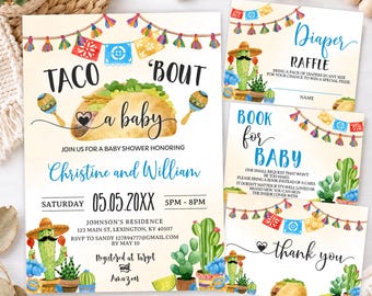 May include: A set of baby shower stationery featuring watercolor illustrations of tacos, cacti, and colorful papel picado banners. The main invitation reads Taco 'Bout a Baby, Christine and William, 05.05.20XX, and includes registry details for Target and Amazon.