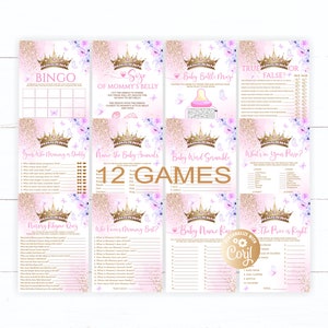 Puede incluir: Cartas de juego de baby shower rosas y doradas con temática de princesa. Las cartas presentan una variedad de juegos, incluyendo bingo, laberinto de biberón, verdadero o falso, adivina quién es mamá o papá, nombra a los animales bebés, revuelto de palabras para bebés, qué hay en tu bolso, cuestionario de rimas de la guardería, quién conoce mejor a mamá, carrera de nombres de bebés y el precio es correcto. Las cartas están decoradas con coronas doradas, mariposas y purpurina.