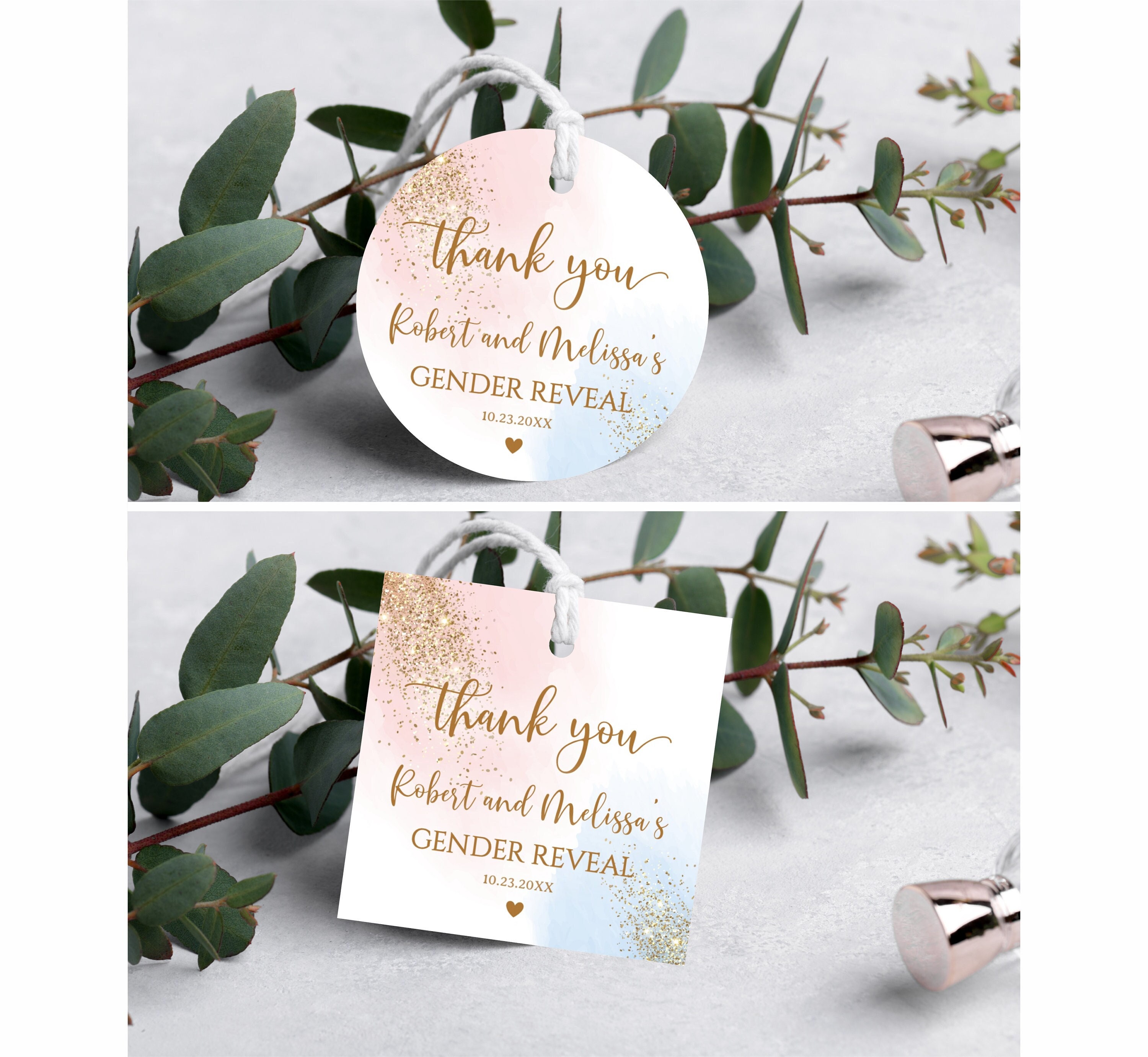 Editable Gender Reveal Baby Shower Favor Tags Round Square, Thank You Pink And Blue Watercolor Splash, Boy or Girl, He or She Favor Tags