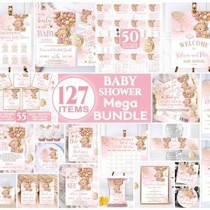 May include: A pink and gold baby shower printable bundle with 127 items. The bundle includes invitations, thank you cards, signs, games, and more. The theme is a teddy bear with balloons.