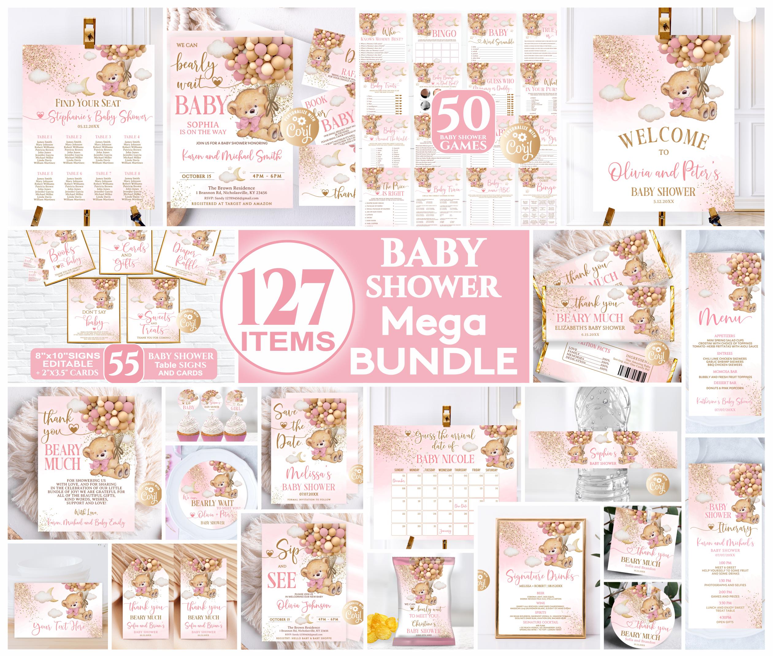 Editable Bear Girl Pink Baby Shower Mega Bundle, Baby Shower Mega Bundle, Bear Pink Gold Baby Shower for Girl Mega Set Bear with Balloons