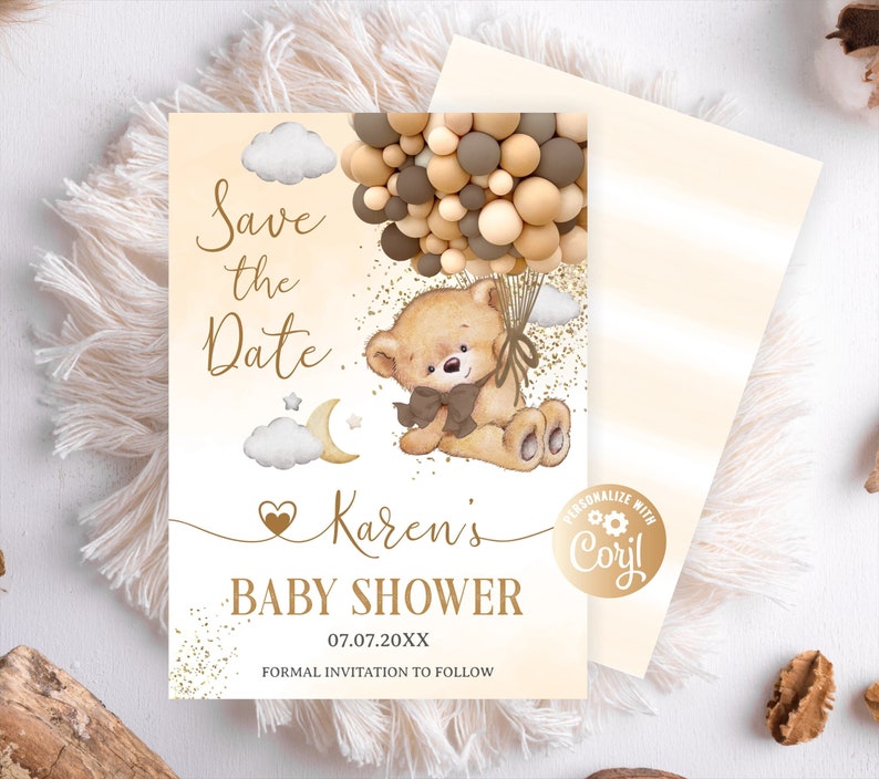 Editable Bear Brown Save the Date Boy Baby Shower Invitation We Can Bearly Wait Boy, Brown Baby Bear Save the Date Boy Bear Balloons Gold image 1