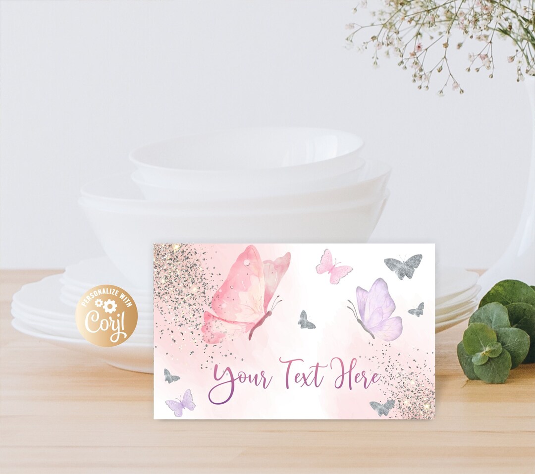 Pink Butterfly Label Butterfly Print Food Labels Silver Girl Pink, Editable Silver Butterfly ...