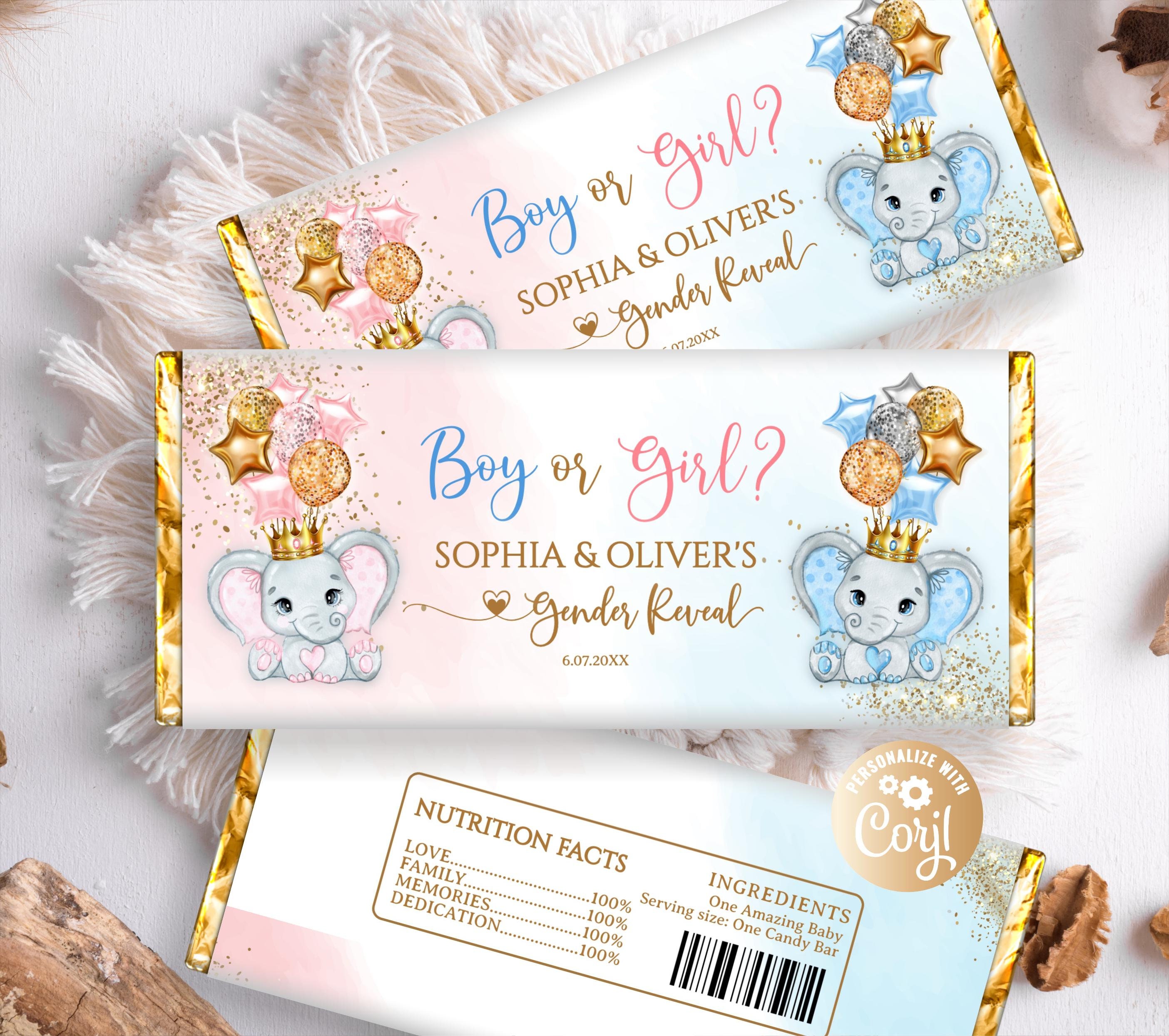 Editable Elephant Gender Reveal Chocolate Wrapper, Printable He or She? Elephants Candy Bar Wrapper Boy or Girl Chocolate Bar Blue and Pink