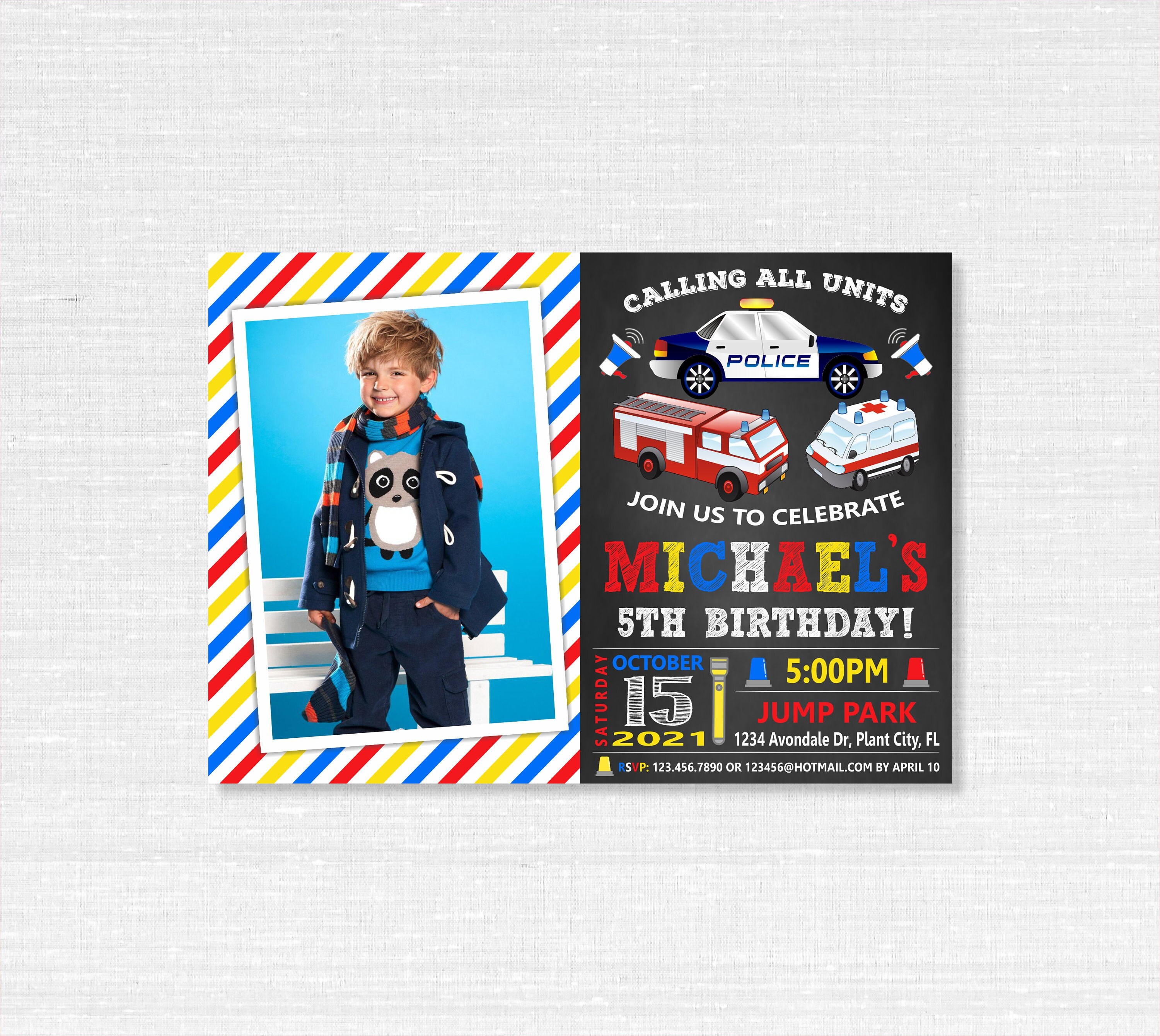 First responders birthday invitation firetruck car police | Etsy