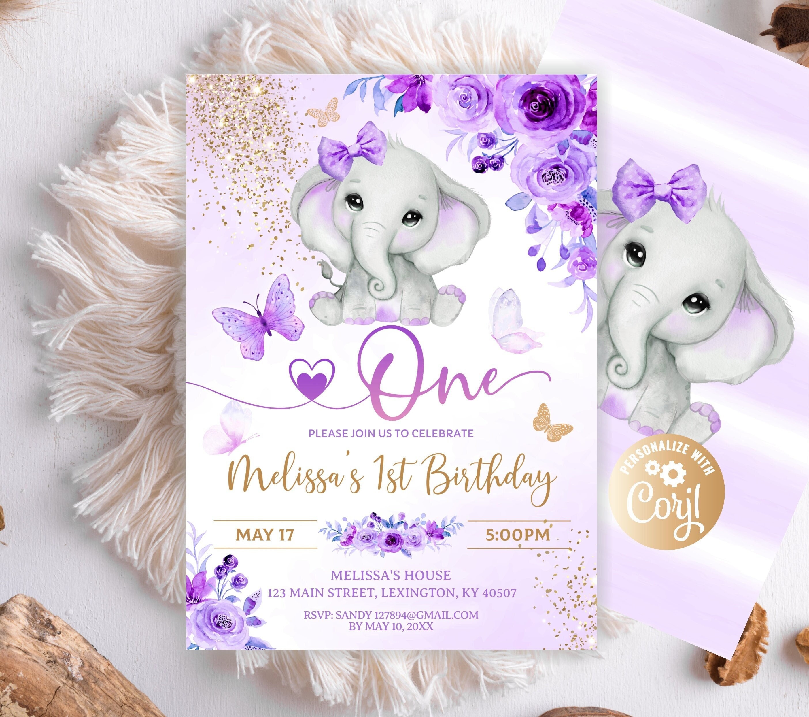 Editable Girl Elephant Purple Birthday Invitation, Roses Purple