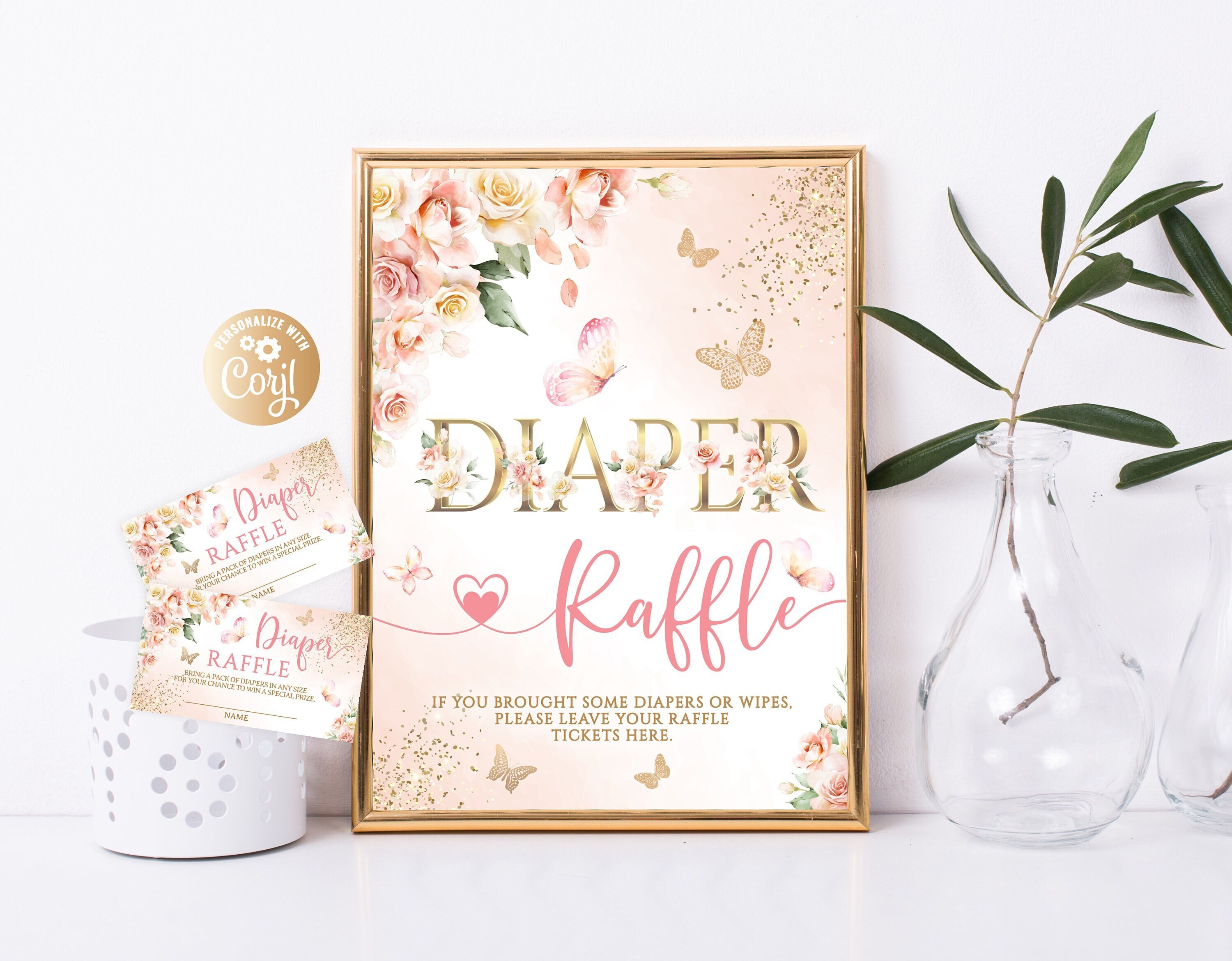 Editable Diaper Raffle Sign It's a Girl Pink Roses Boho Floral Blush ...