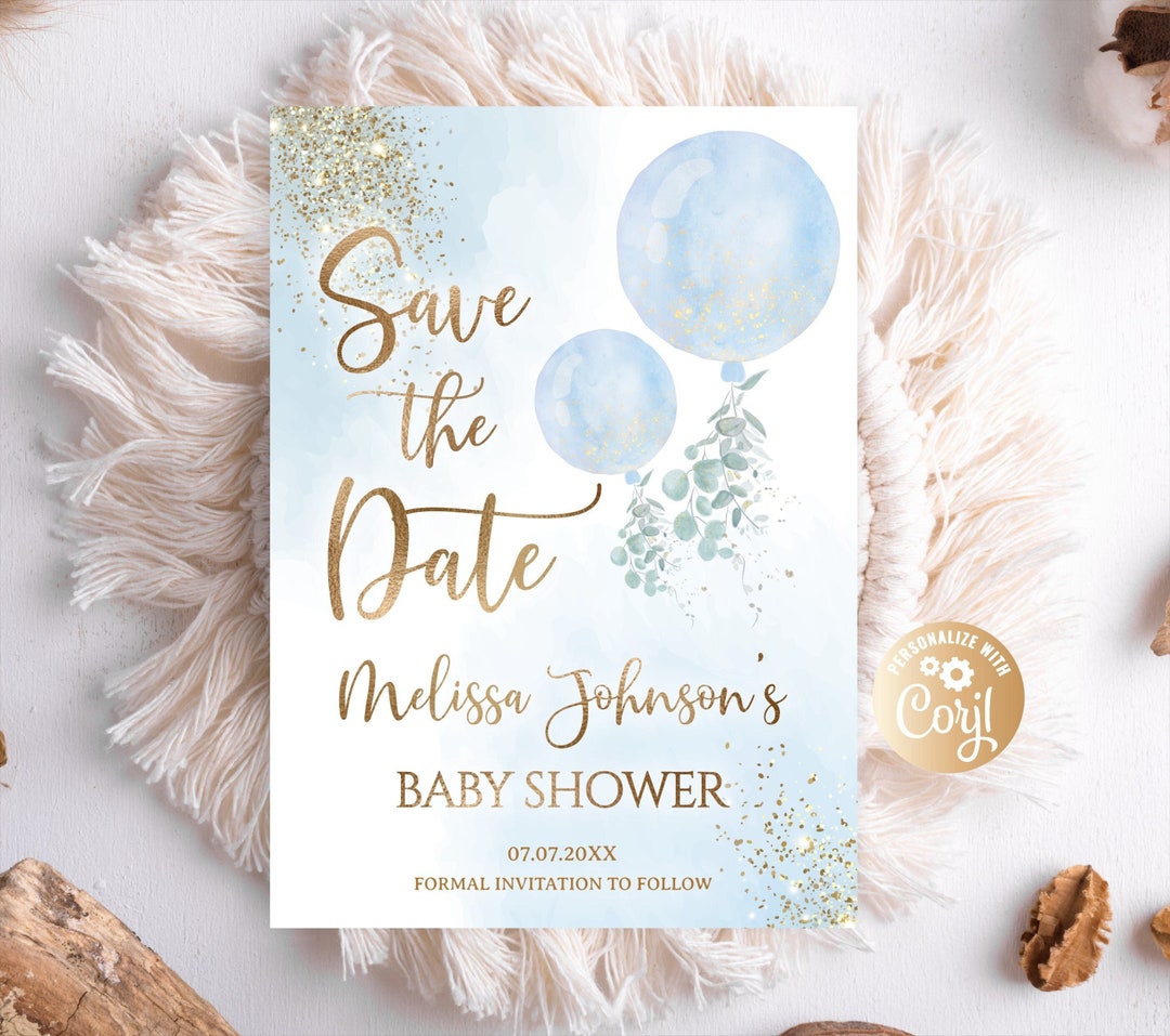 Editable Greenery Balloons Save the Date Boy Baby Shower Invitation, Oh Editable Greenery Balloons Save the Date Boy Baby Shower Invitation, Oh