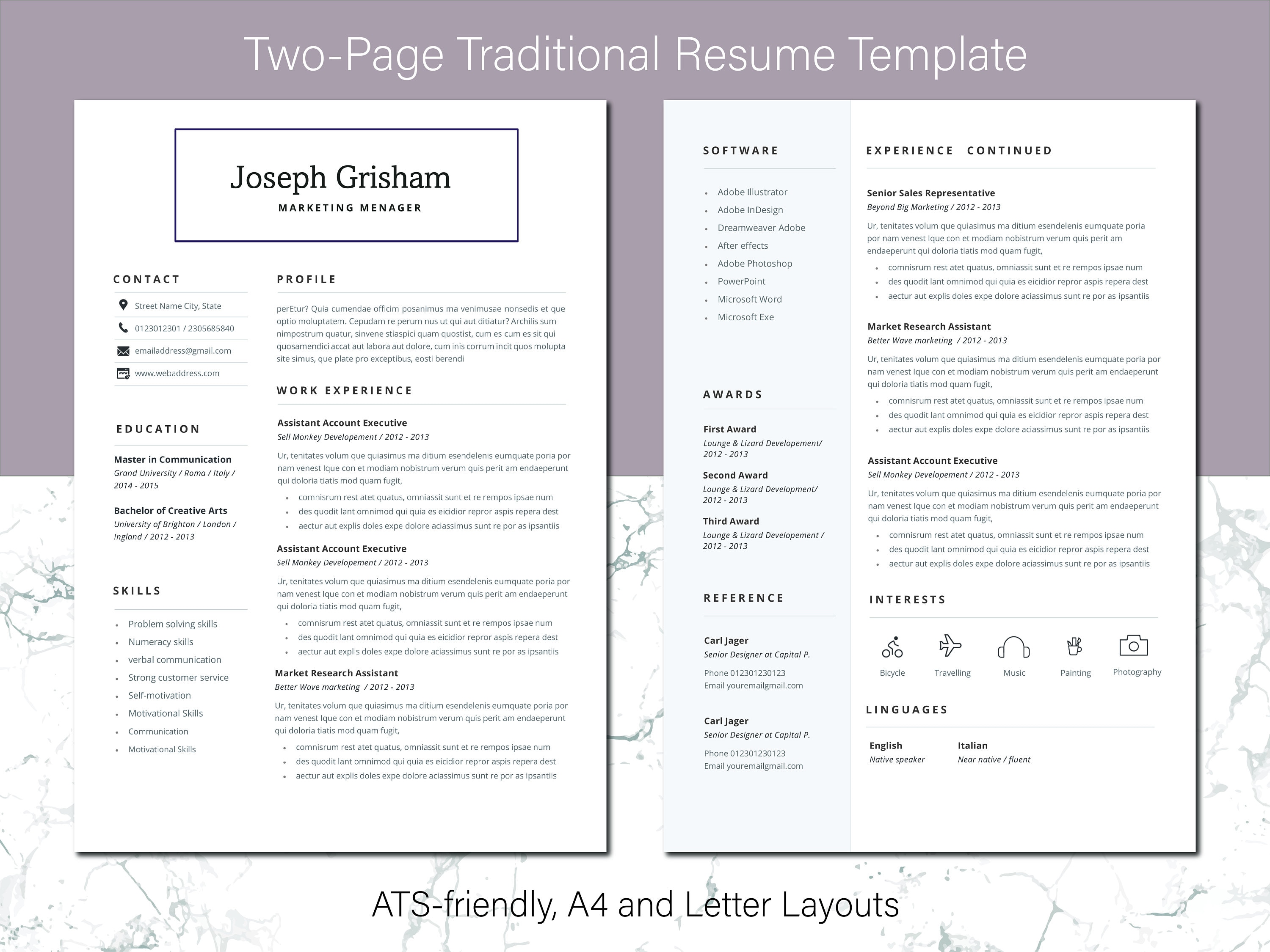 2 Page Traditional Resume Template, A4 and Letter Layout, Two Page, Ats