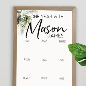 Cadre tropical pour le premier anniversaire, signe un an pour les photos mensuelles, décoration de fête safari sauvage 1er anniversaire dans la jungle, tableau première année