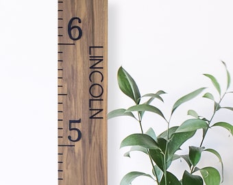 Walnut Growth Chart Ruler 3D Uppercase Font, Wooden Measuring Stick for Kids, Giant Wall Ruler, Height Board with Black Numbers & Notches