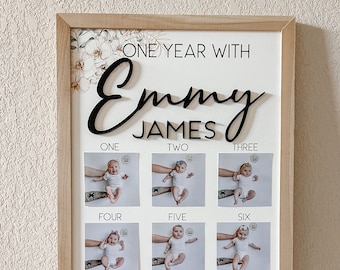 Milestone Photo Display Board for First Birthday Party, Baby Monthly Photo Sign for Baby Boys and Girls, One Year Of Pictures