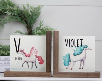 Personalized Childrens Wooden Bookend, Baby Shower Book Theme Keepsake, Unicorn Theme Nursery Bookshelf Decor