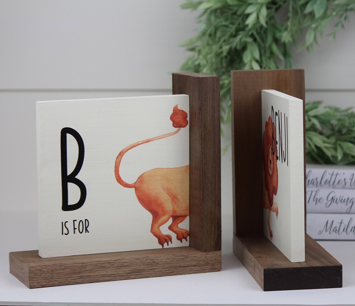 Personalized Childrens Wooden Bookend Lion Nursery Decor Etsy