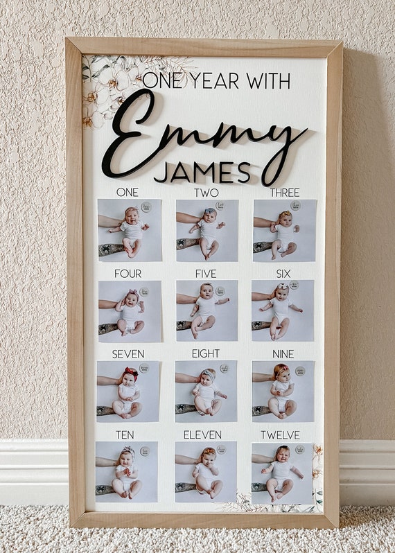 Baby First Birthday Sign | One Year Baby | Milestone Photo Board | 12 Months Baby Collage Sign | Baby Photo Frame - 310323 24 x 12 Inches (FOR 3x3